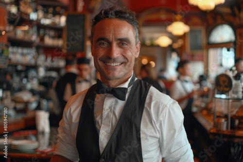 Smiling male waiter in a white shirt in a cafe or restaurant