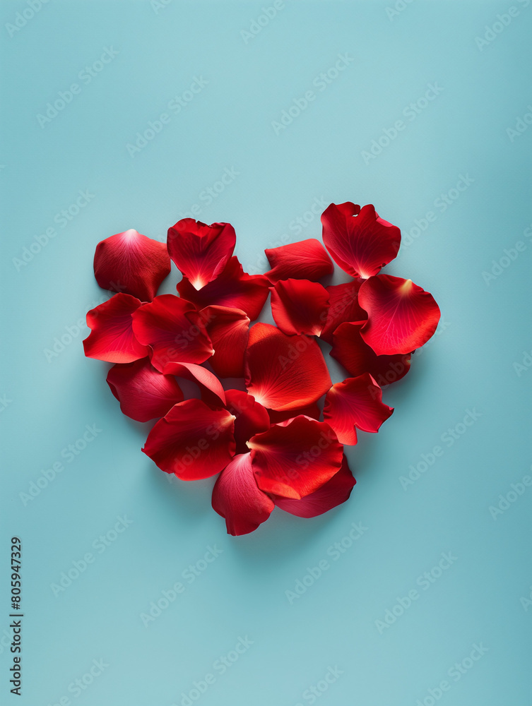 Heart-shaped arrangement of red rose petals on a blue background 