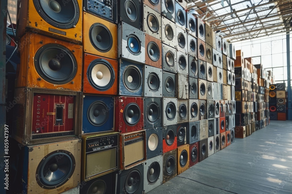 Obraz premium Wall of old music audio speakers