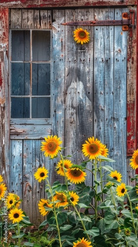Close-up of a weathered barn door framed by vibrant sunflowers, capturing the rustic charm of a summer landscape