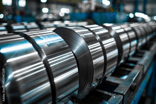 Rolls of metal sheet on shelves in a warehouse photo