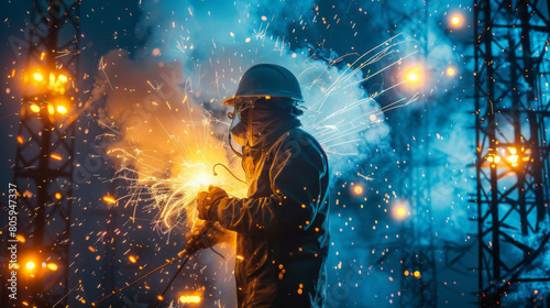A welder in protective gear working intensively with bright sparks flying around during a night shift. photo