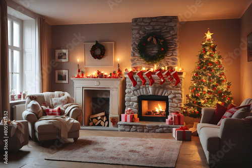 Cosy room with tree and fireplace decorated for Christmas. Interior design