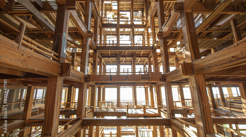 Timber Atrium: Architectural Wonder of Stacked Beams. Generative AI