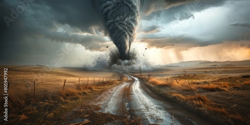 Tornado touching down in a rural area, intensified by changing climate patterns photo
