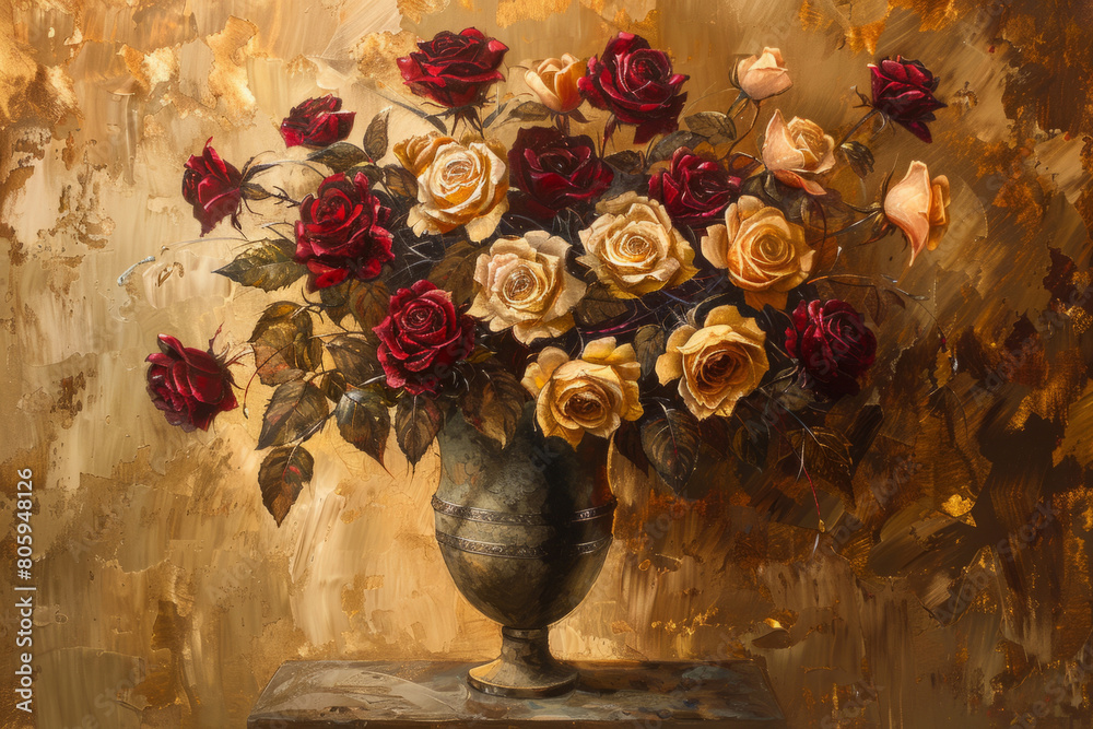 Fototapeta premium Bouquet of red and white roses in a vase in acrylic style