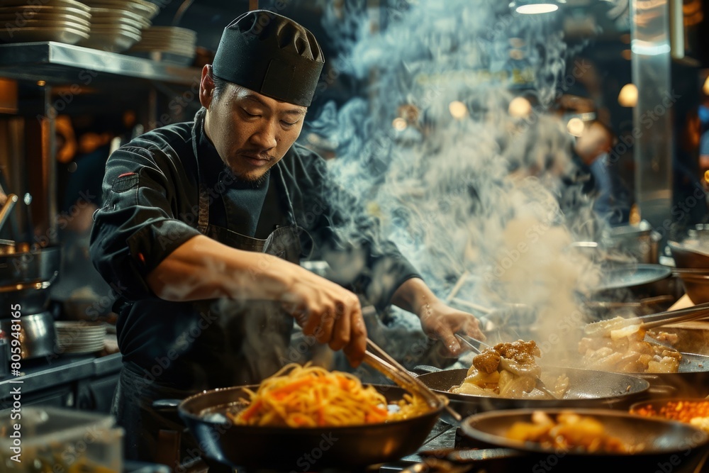Chef cook preparing a dish in a restaurant kitchen Chef cook preparing a dish in a restaurant kitchen