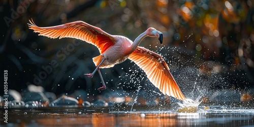 Dynamic Flamingo Flight Over Water photo