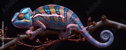 realistic multicolored chameleon with iridescent skin in speckles sitting on branch of a bush over black background photo