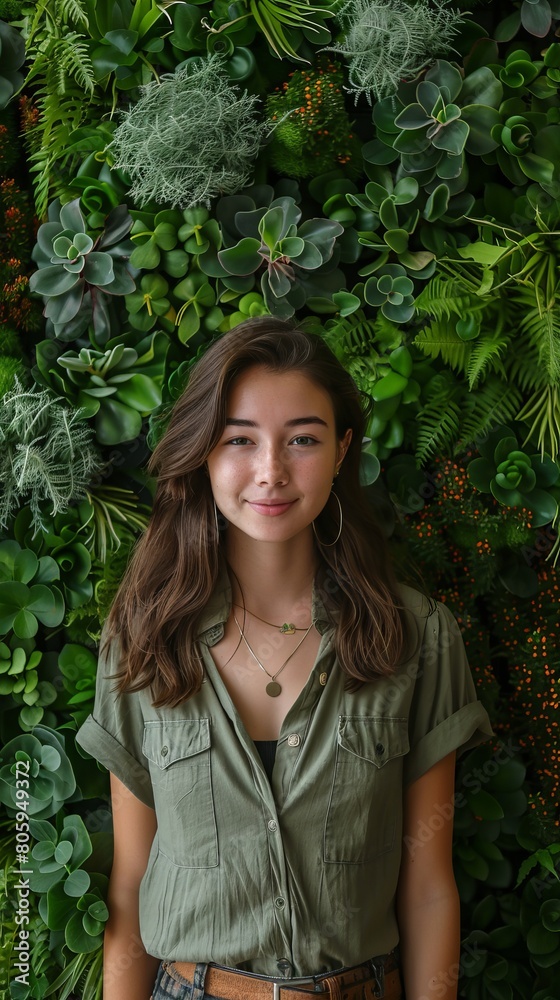 Woman standing in front of green wall of plants.