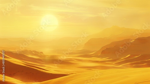 Sun-Drenched Desert Landscape with a Distant Oasis  A Mirage of Serenity in the Arid Sands