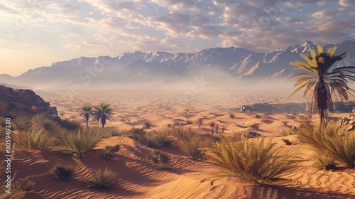 Sun-Drenched Desert Landscape with a Distant Oasis  A Mirage of Serenity in the Arid Sands