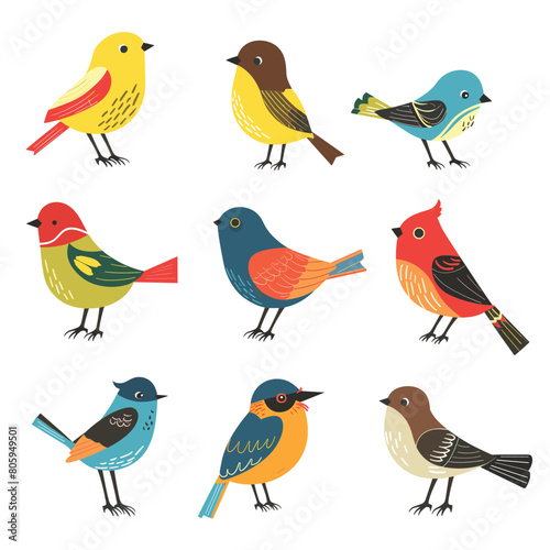 Collection colorful bird illustrations, various species, cartoon style. Birds feature bright plumage red, blue, yellow, orange tones, cheerful design. Set nine different birds, side view, standing