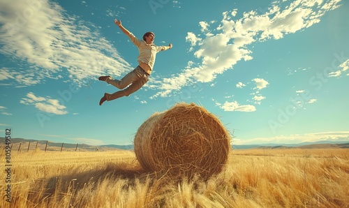 A man jumping high in the air over a round hay bail in a field photo