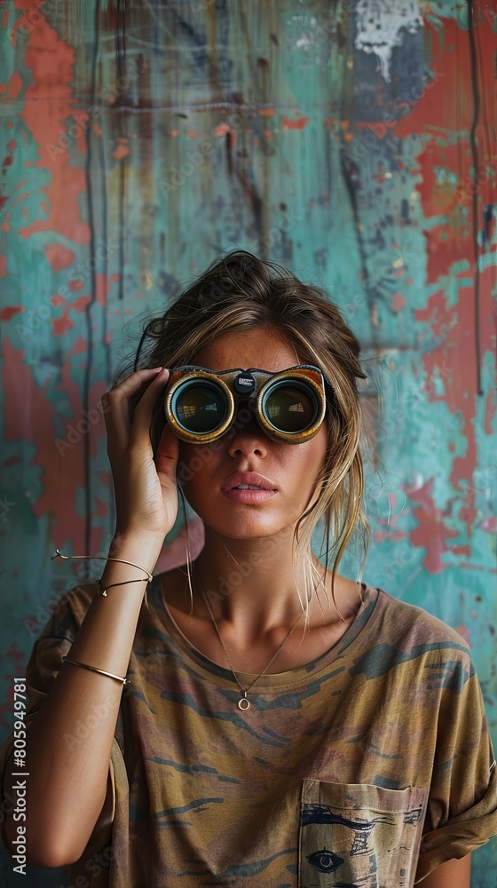 Fototapeta premium Young woman looking through binocular in front of wall