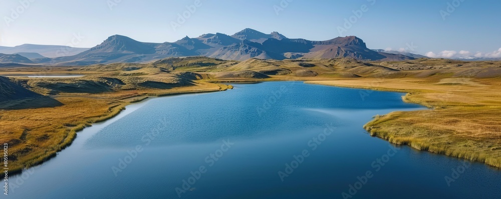 Obraz premium Aerial view of Frostastadavatn lake, Hella, Southern Region, Iceland.