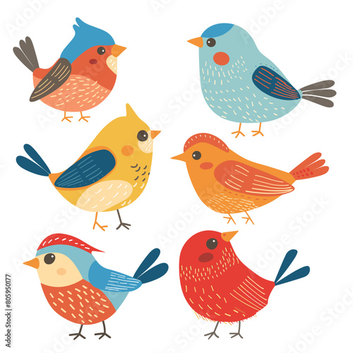 Six stylized birds exhibiting variety colors patterns. Cartoon birds present unique plumage red  blue  orange  yellow hues  appear cheerful whimsical  perfect childrens book illustrations