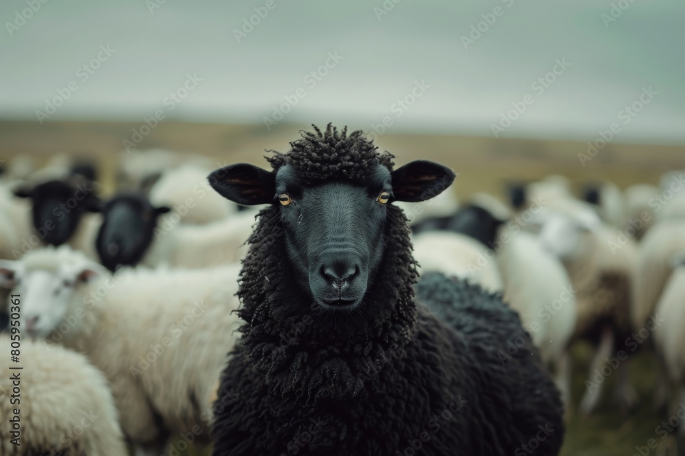 Vivid and moody capture of a black sheep standing out among a white flock, symbolizing uniqueness and difference in a rural setting.
Vivid and moody capture of a black sheep standing out among a white flock, symbolizing uniqueness and difference in a rural setting.
