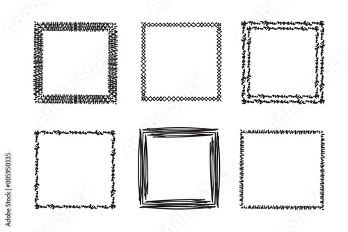 Square frames doodle set,hand-drawn monograms.Edgings and cadres with simple sketchy design elements.Isolated. Vector illustration.