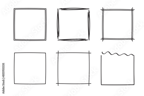 Square frames doodle set,hand-drawn monograms.Edgings and cadres with simple sketchy design elements.Isolated. Vector illustration.