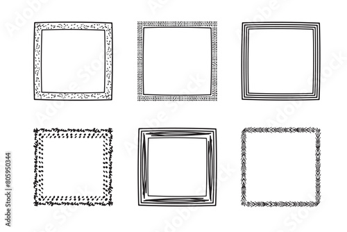 Square frames doodle set,hand-drawn monograms.Edgings and cadres with simple sketchy design elements.Isolated. Vector illustration.