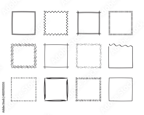 Square frames doodle set,hand-drawn monograms.Edgings and cadres with simple sketchy design elements.Isolated. Vector illustration.