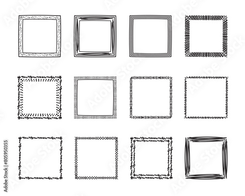 Square frames doodle set,hand-drawn monograms.Edgings and cadres with simple sketchy design elements.Isolated. Vector illustration.