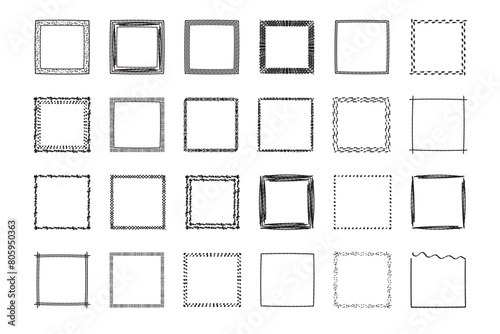 Square frames doodle set,hand-drawn monograms.Edgings and cadres with simple sketchy design elements.Isolated. Vector illustration. photo