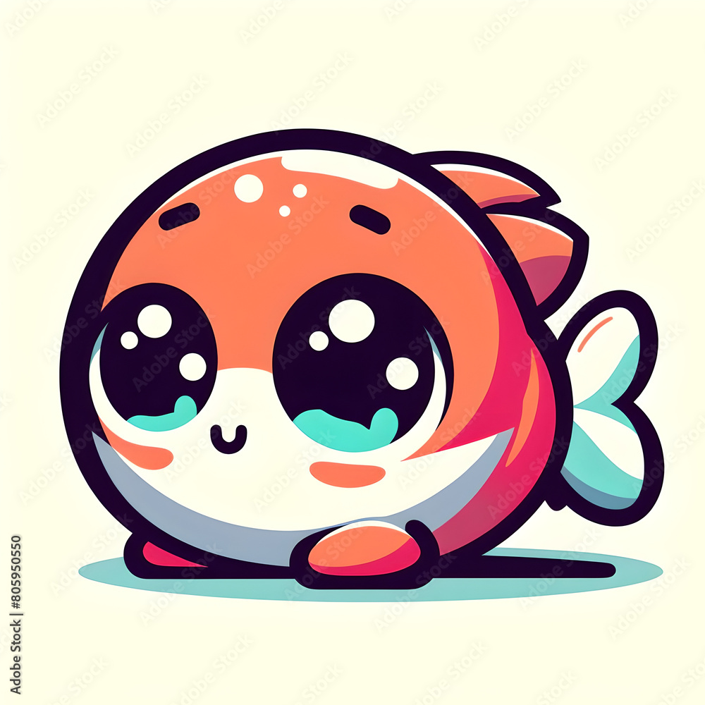 Fototapeta premium Charming Cartoon Style Fish Gazing Forward on White Background