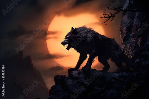 wolf howling toward the camera while a burning forest appears in the backdrop. Howling silhouetted wolf under a full moon in a misty setting Halloween horror idea Enchanting Vector Illustration 
