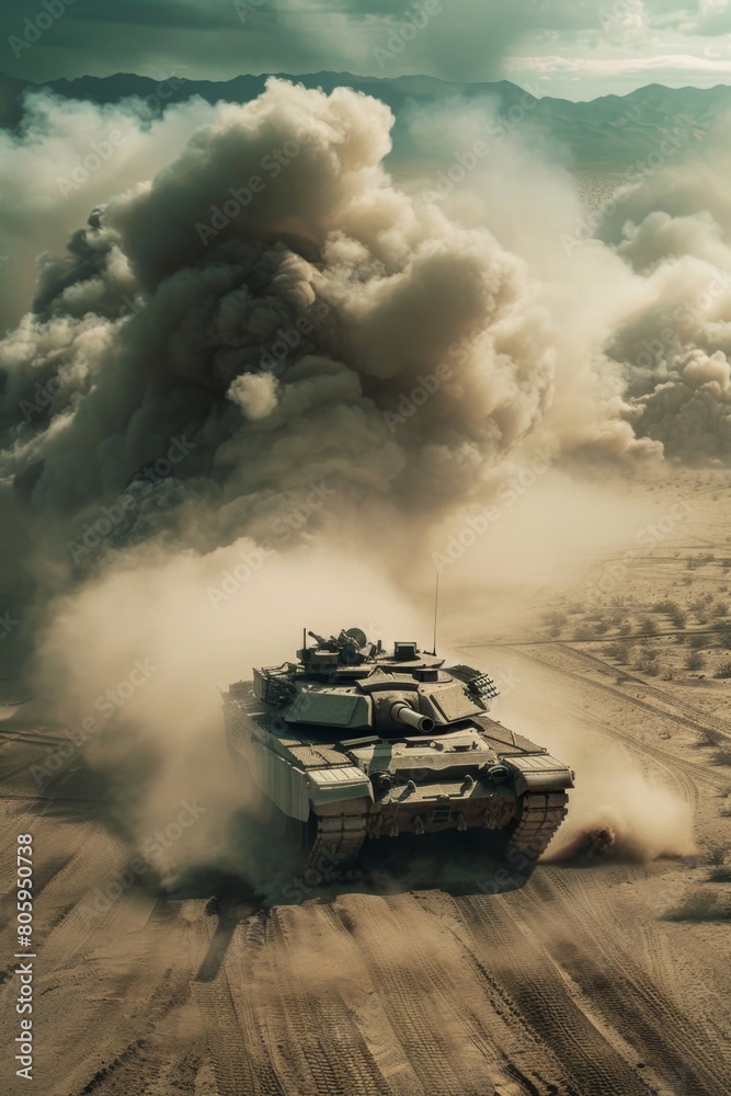 Hyperrealistic M1 Abrams tank kicking up a massive dust cloud as it charges across the vast desert landscape Hyperrealistic M1 Abrams tank kicking up a massive dust cloud as it charges across the vast desert landscape