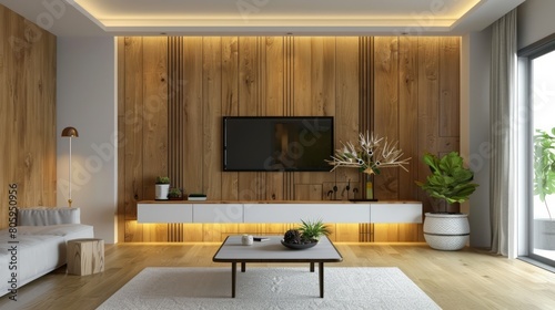 Cabinet TV in modern living room with decoration on wooden wall background.