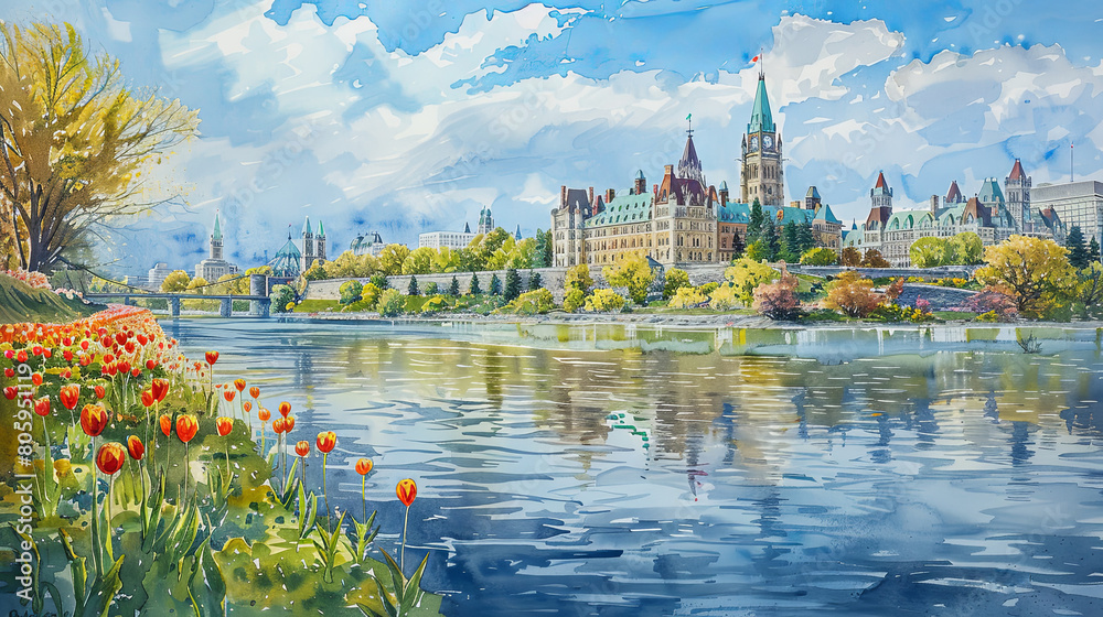 Naklejka premium Serene River Majesty: A Watercolor Tale of Castle Splendor