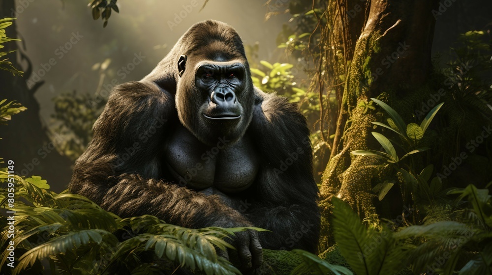 Obraz premium Silent Observer: Gorilla in Tree Canopy Seeking