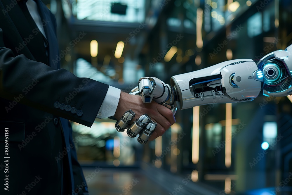 Cyborg and human handshake, a symbol of merging technology and personal connections. Futuristic robot and businessman illustrate advanced AI, automation, and cybernetic partnership