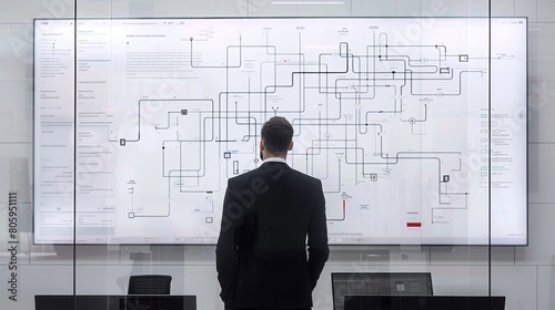 businessman using computer show diagram algorithm flow Business process organigram, hierarchy scheme. design workflow automation with flowcharts. model structure digital and data management