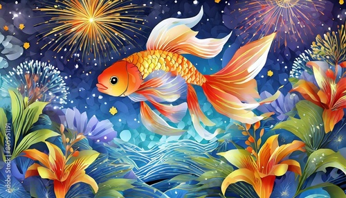 華麗な金魚と花火、百合と共に夏の香りを届ける透き通るような色彩豊かなイラスト、夜空の壁紙とグラデーション  generated by AI