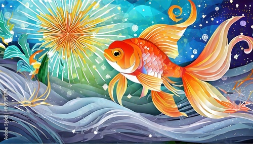 華麗な金魚と花火、百合と共に夏の香りを届ける透き通るような色彩豊かなイラスト、夜空の壁紙とグラデーション  generated by AI