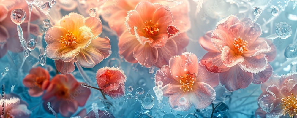 abstract background with colorful frozen flowers in ice abstract background with colorful frozen flowers in ice