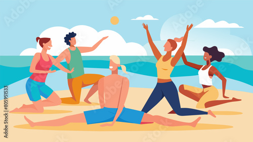 A group of friends laughing and practicing partner yoga on the beach during a weekend retreat.. Vector illustration