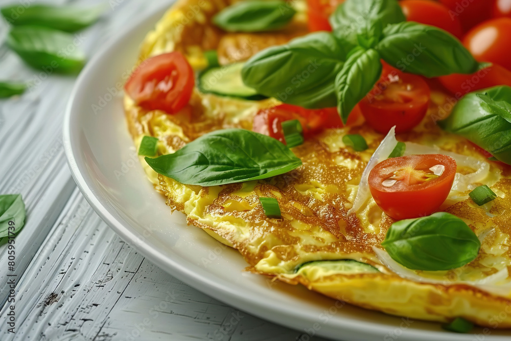 A closeup of the omelette with tomato and green bell pepper, onion and basil leaves on a white plate for breakfast or lunch on a white wooden background.