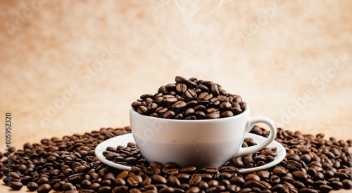 coffee beans and cup on brown background