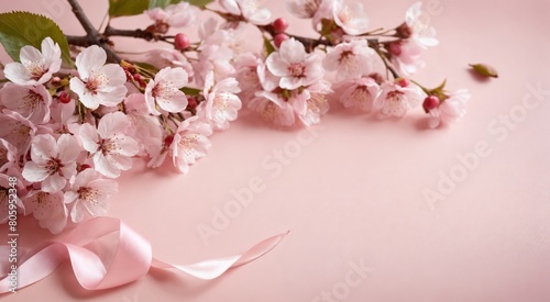 pink cherry blossom on pink background with pink ribbon