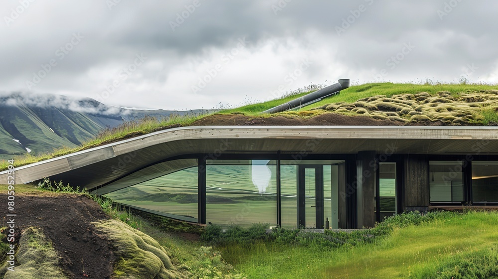 Fototapeta premium Earth-sheltered home, green turf roof close-up, integration with landscape, cloudy day