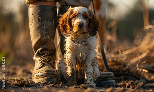A 12 week old English Spaniel with wet hair sits in front of the boots of his handler in the sun