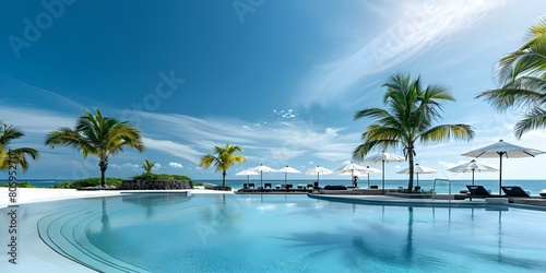 Luxury beach resort with palm trees pool umbrellas and sunny sky. Concept Beach Resort, Palm Trees, Poolside, Sunny Sky, Luxury Destination © Ян Заболотний