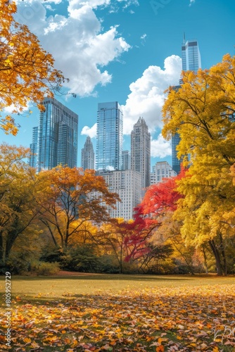 Panoramic view of a city park during the vibrant fall season, colorful foliage contrasting with skyscrapers © ktianngoen0128