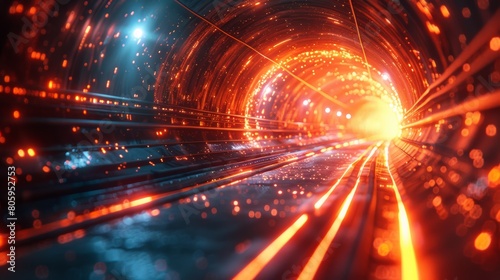 Abstract background of light rays in a tunnel with speed effects,Orange and red blurry light photo