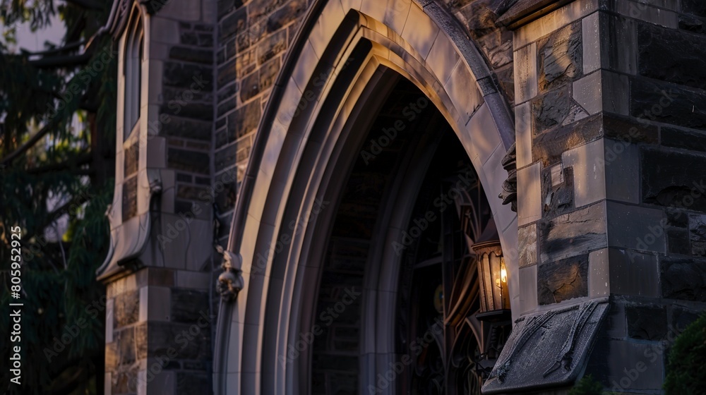 Gothic revival home, arched doorway close-up, stone texture, twilight ambiance 