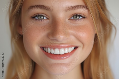Close-up of a woman looking at the camera and smiling on a white background. Beautiful smile